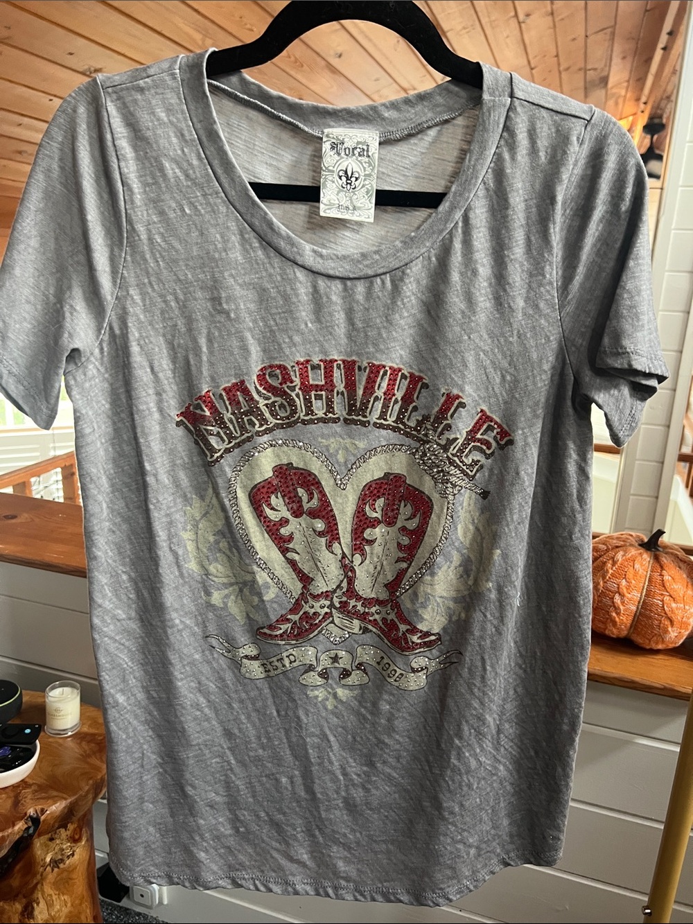 Vocal Nashville Graphic Women’s Tee - Gray with Rhinestone Detail Boot Design